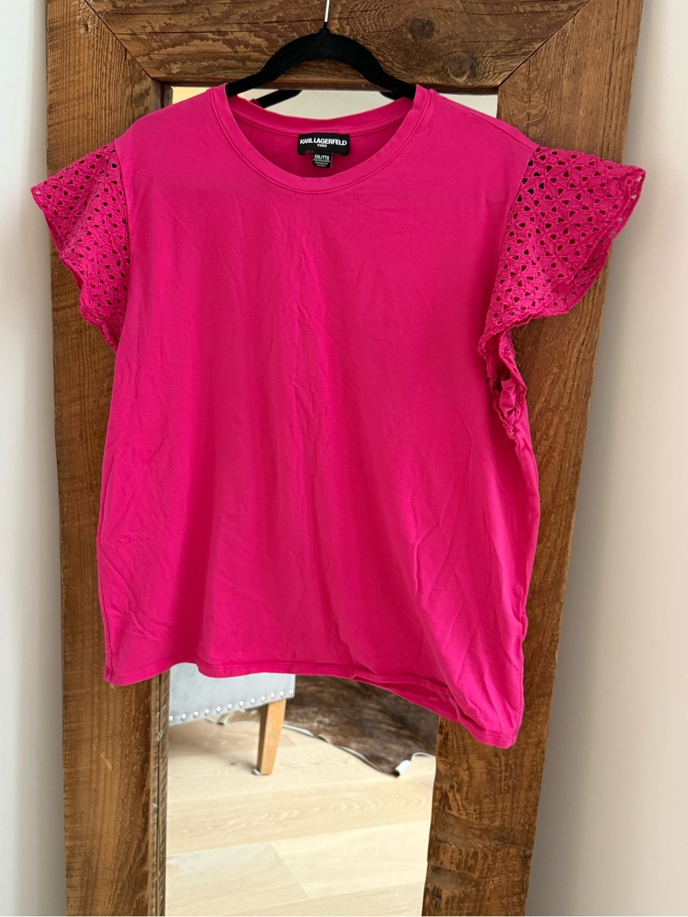 Karl Lagerfeld Fuchsia Eyelet Flutter Sleeve Tee 100% cotton